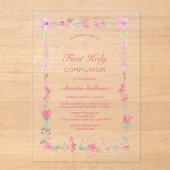 Roze Bloemen Lijst Eerste Communie Clear Acryl Uitnodigingen (Voorkant)