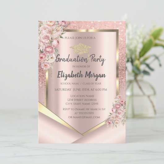 Roze Bloemen Lijst Roos Gouden Glitter Afstuderen Kaart (Staand voorkant)