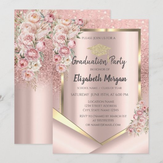 Roze Bloemen Lijst Roos Gouden Glitter Afstuderen Kaart (Voorkant / Achterkant)