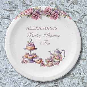 Roze Bloemen Lila Tea Party Baby Meisje Douche Papieren Bordje