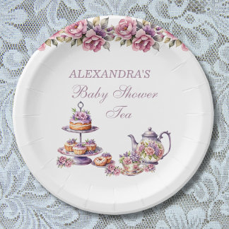 Roze Bloemen Lila Tea Party Baby Meisje Douche Papieren Bordje