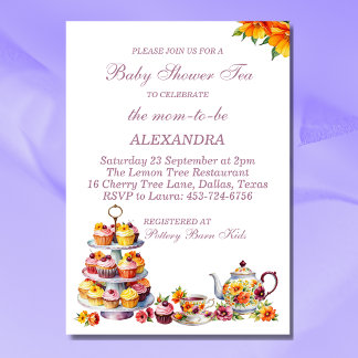 Roze Bloemen Lila Whimsical Tea Baby shower Kaart
