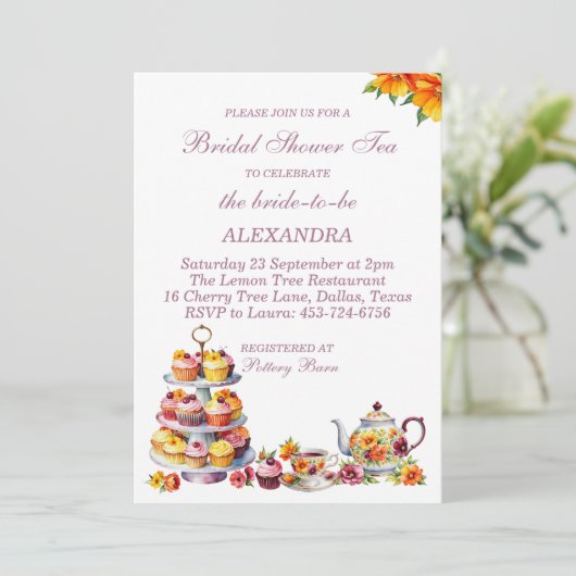 Roze Bloemen Lila Whimsical Tea Vrijgezellenfeest Kaart (Staand voorkant)