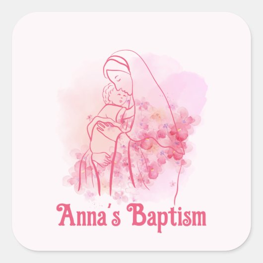 Roze Bloemen Maagd Maria Jezus Aangepaste Doop Vierkante Sticker (Voorkant)