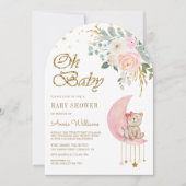 Roze Bloemen Maan Schattige Teddy Bear Arch Baby s Kaart (Voorkant)