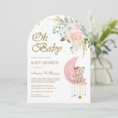 Roze Bloemen Maan Schattige Teddy Bear Arch Baby s Kaart (Staand voorkant)