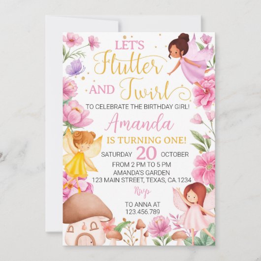 Roze Bloemen Magische Fee Verjaardag Uitnodiging (Voorkant)