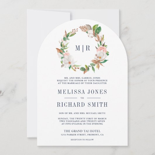 Roze Bloemen Magnolia Monogram Alles in Een Huweli Kaart (Voorkant)