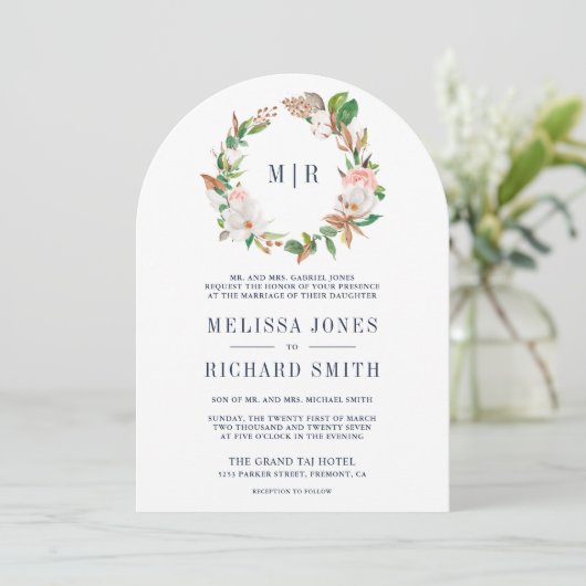 Roze Bloemen Magnolia Monogram Alles in Een Huweli Kaart (Staand voorkant)