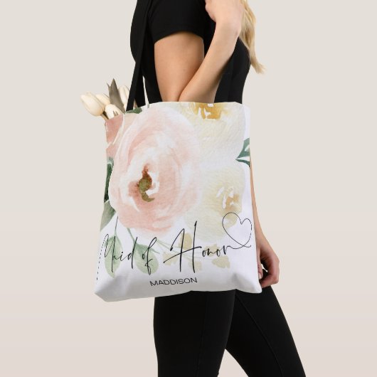 Roze Bloemen Maid of Honor Bruids Party Gift Tote Bag (Dichtbij)