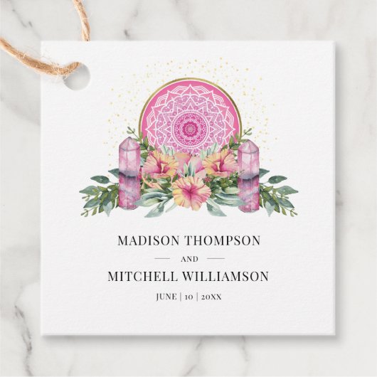 Roze Bloemen Mandala Kristallen Metafysische Bruil Bedankjes Labels (Voorkant)