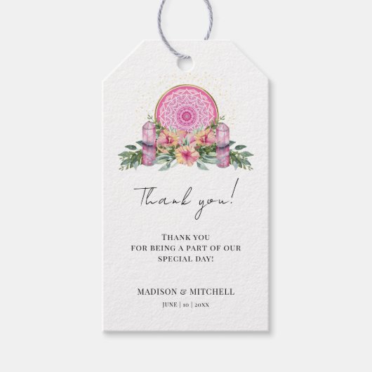 Roze Bloemen Mandala Kristallen Metafysische Bruil Cadeaulabel (Voorkant)