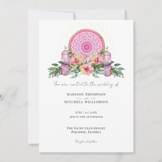 Roze Bloemen Mandala Kristallen Metafysische Bruil Kaart (Voorkant)