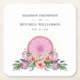 Roze Bloemen Mandala Kristallen Metafysische Bruil Kartonnen Onderzetters