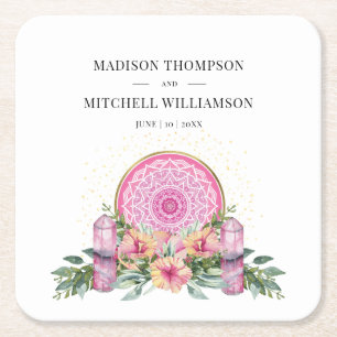 Roze Bloemen Mandala Kristallen Metafysische Bruil Kartonnen Onderzetters