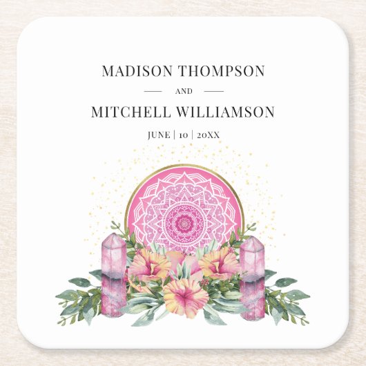 Roze Bloemen Mandala Kristallen Metafysische Bruil Kartonnen Onderzetters (Voorkant)