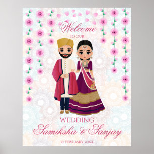 Roze bloemen mandalas Indiaas paar illustratie Poster