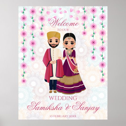 Roze bloemen mandalas Indiaas paar illustratie Poster (Voorkant)