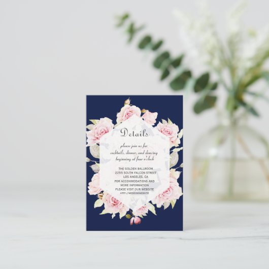 Roze Bloemen Marine Blauw Geometrische bruiloft De Informatiekaartje (Staand voorkant)