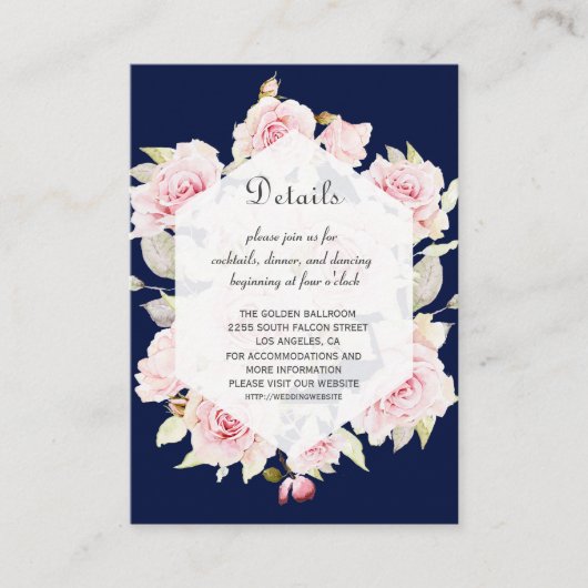 Roze Bloemen Marine Blauw Geometrische bruiloft De Informatiekaartje (Voorkant)