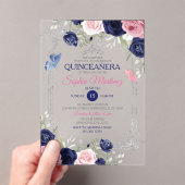 Roze Bloemen Marine Blauwe Vlinder Zilver Quinceañ Acryl Uitnodigingen (Insitu (Draagbaar))