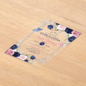 Roze Bloemen Marine Blauwe Vlinder Zilver Quinceañ Acryl Uitnodigingen (Laagn)