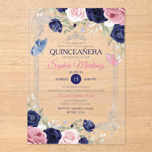 Roze Bloemen Marine Blauwe Vlinder Zilver Quinceañ Acryl Uitnodigingen (Voorkant)