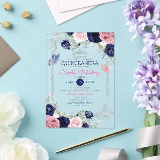 Roze Bloemen Marine Blauwe Vlinder Zilver Quinceañ Acryl Uitnodigingen (Insitu (Huwelijk))