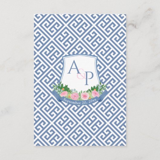 Roze Bloemen Marine Monogram Trouwdetails QR-code Informatiekaartje (Achterkant)