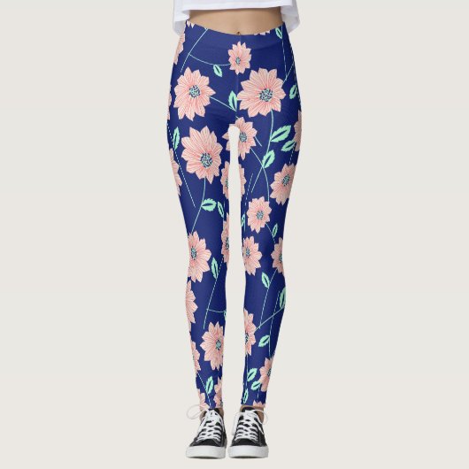 Roze bloemen marineblauw Leggings (Voorkant)