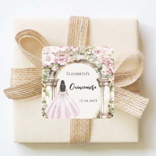 Roze bloemen marmeren boog jurk Quinceanera Vierkante Sticker