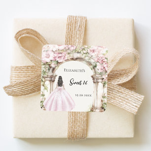 Roze bloemen marmeren boog jurk Sweet 16 Vierkante Sticker