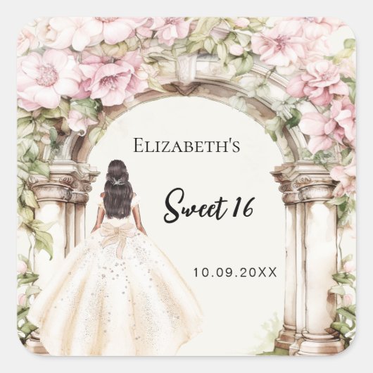 Roze bloemen marmeren boog jurk Sweet 16 Vierkante Sticker (Voorkant)