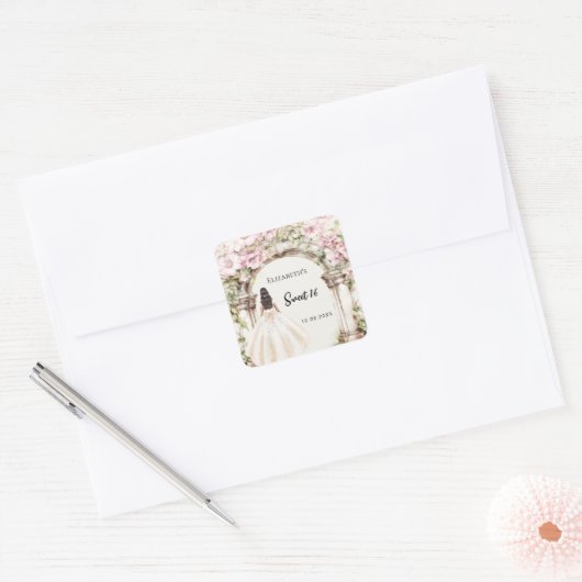 Roze bloemen marmeren boog jurk Sweet 16 Vierkante Sticker (Envelop)