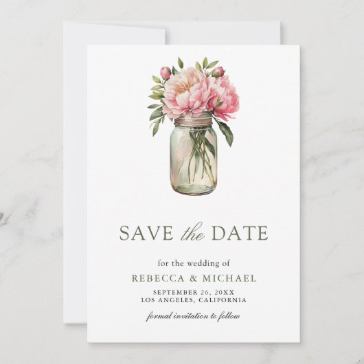 Roze Bloemen Mason Jar Foto bruiloft Save The Date (Voorkant)