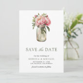 Roze Bloemen Mason Jar Foto bruiloft Save The Date (Staand voorkant)