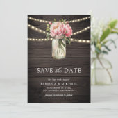 Roze Bloemen Mason Jar Foto Hout Huwelijk Save The Date (Staand voorkant)