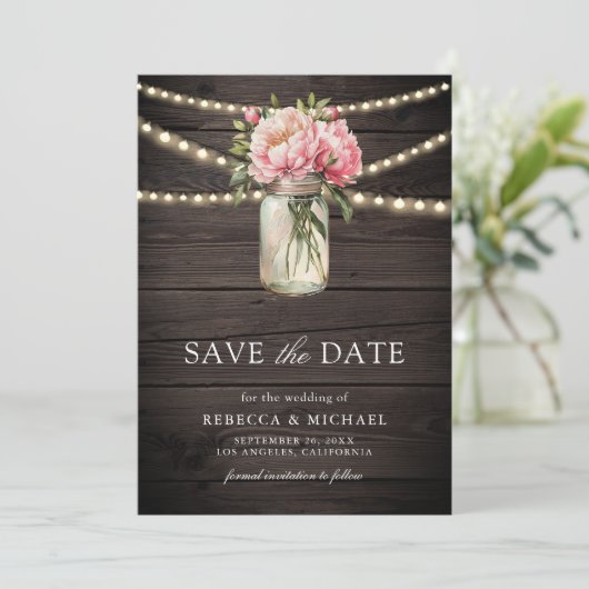Roze Bloemen Mason Jar Foto Hout Huwelijk Save The Date (Staand voorkant)