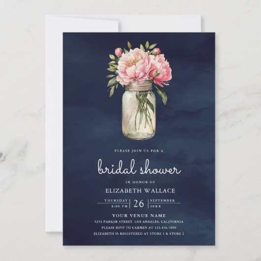 Roze Bloemen Mason Jar Foto Navy Vrijgezellenfeest Kaart (Voorkant)