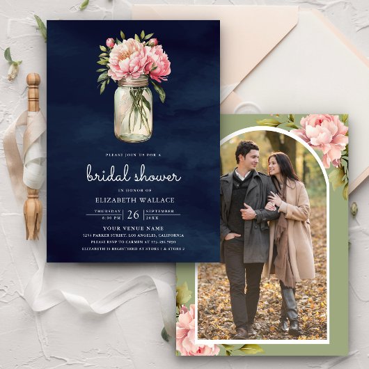 Roze Bloemen Mason Jar Foto Navy Vrijgezellenfeest Kaart