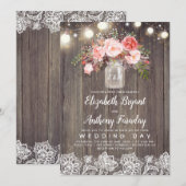 Roze bloemen Mason Jar Rustic Lace Wedding Kaart (Voorkant / Achterkant)
