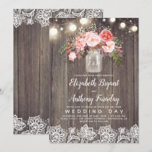 Roze bloemen Mason Jar Rustic Lace Wedding Kaart (Voorkant / Achterkant)
