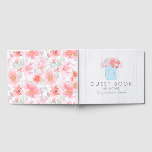 Roze Bloemen Mason Jar Rustieke bruiloft Gastenboek (Volledig)