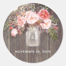 Roze Bloemen Mason Jar Rustieke Bruiloft Ronde Sticker