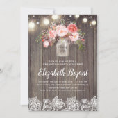 Roze Bloemen Mason Jar Rustieke Kant Afstudeerfees Kaart (Voorkant)