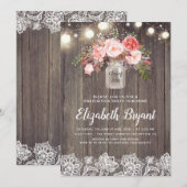 Roze Bloemen Mason Jar Rustieke Kant Afstudeerfees Kaart (Voorkant / Achterkant)