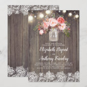 Roze Bloemen Mason Jar Rustieke Kant Verlovingsfee Kaart (Voorkant / Achterkant)