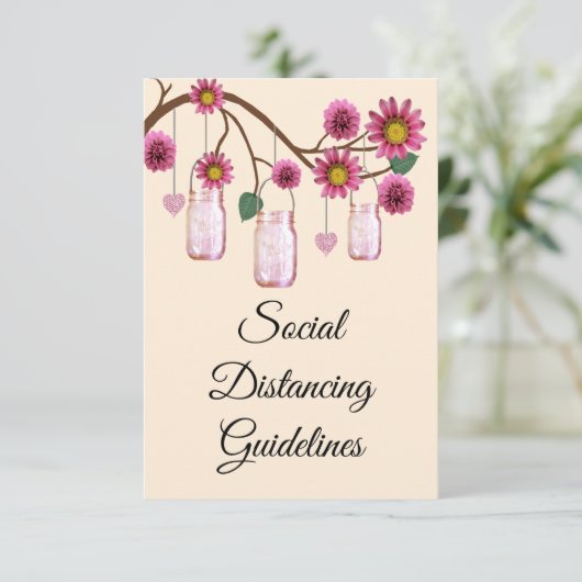 Roze Bloemen Mason Jar Veiligheidsmaatregelen Informatiekaartje (Staand voorkant)
