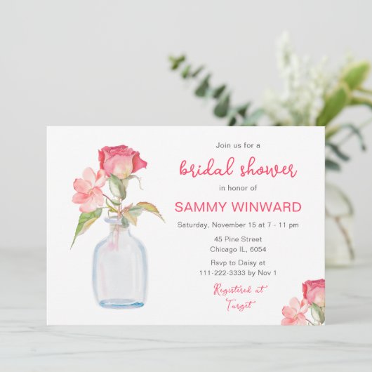 Roze Bloemen Mason Jar Vrijgezellenfeest Kaart (Staand voorkant)