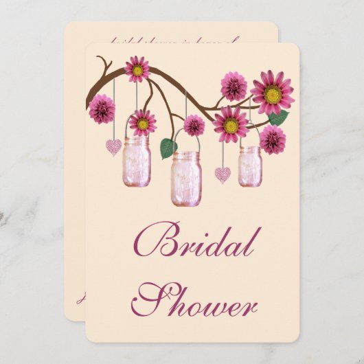 Roze bloemen Mason Jars Bridal Shower Uitnodiging (Voorkant / Achterkant)